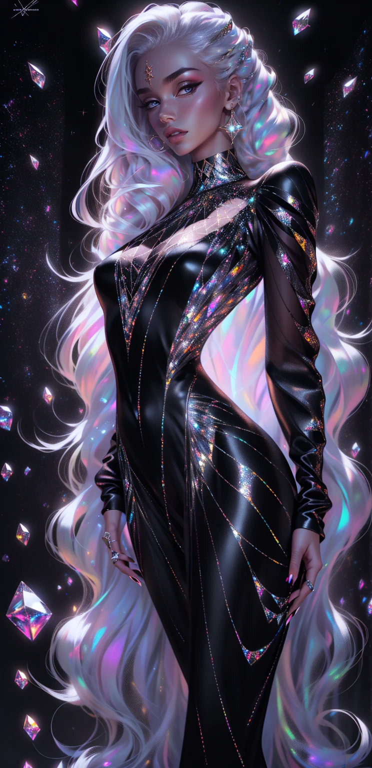 {-erro_de_anatomia:1.0} masterpiece, highest quality, (perfect face:1.1, (high detail)1.1, sweet stardust vampire , long soft white hair, opal eyes, perfectly drawn face, black dress, stars detailed background, prismatic lighting, glitter, whole body, walking on the stars, crystal shoes