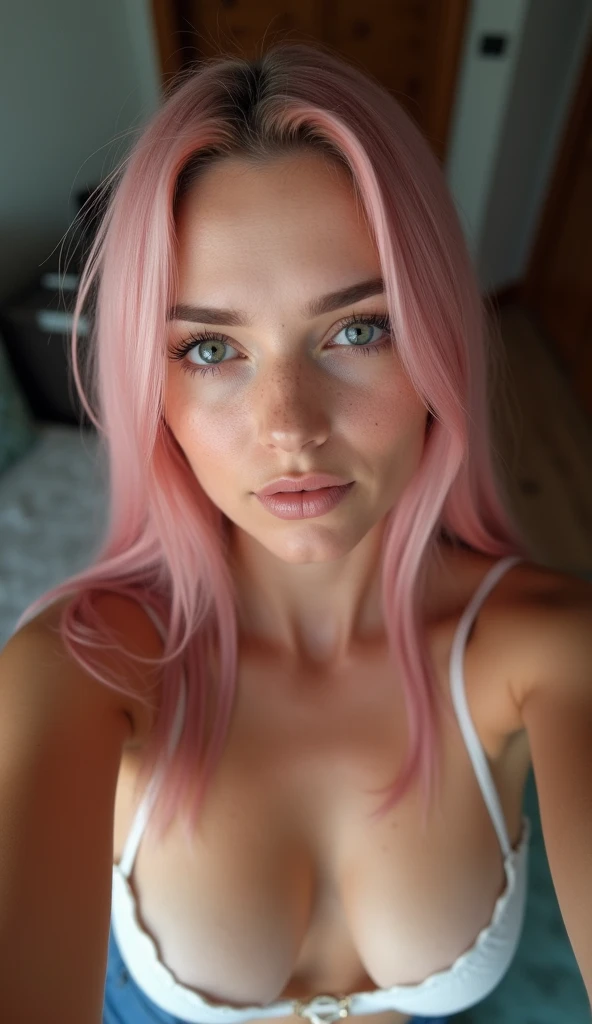 There is a woman with pink hair and a white bra top, soft portrait shot 8 K, with pink hair, straight pink skin, bright pink face, light pink hair, pink hair, long pink hair, portrait of a beautiful model, flowing pink hair, iridescent skin, pink skin, pink face, straight pink hair, long flowing pink hair,  sitting on a couch