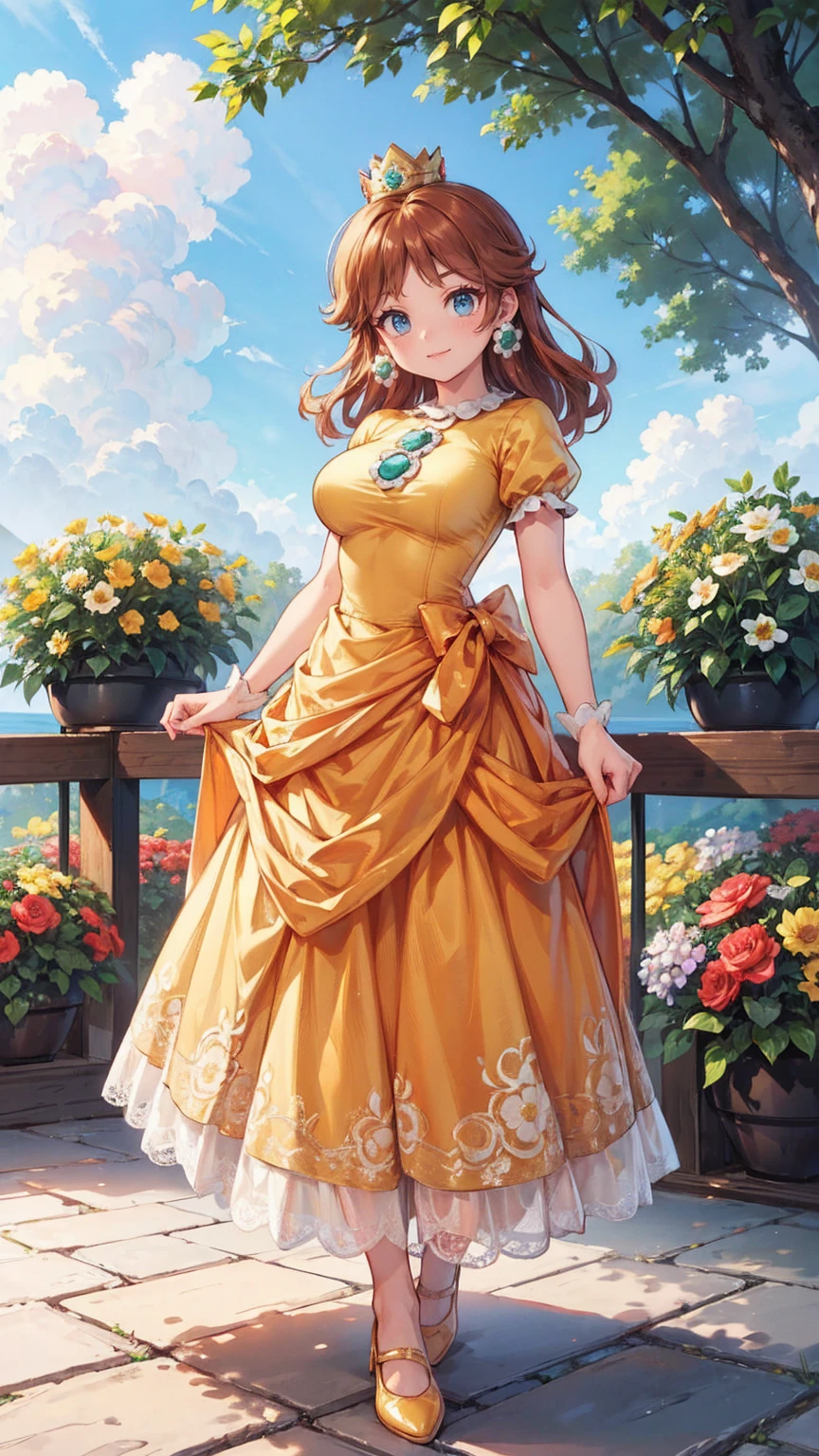 ((((masterpiece, best quality ,Ultra delicate, perfect face,detailed face,Detailed eyes,16k,high resolution,solo)))),Princess daisy super mario, brown hair, blue eyes, short products hair, gold princess crown, flower earrings, yellow long dress, puffy short sleeves, flower brooch, smile, flower garden, sky, cloudy sky, anime waifu style,full body shot,large breasts