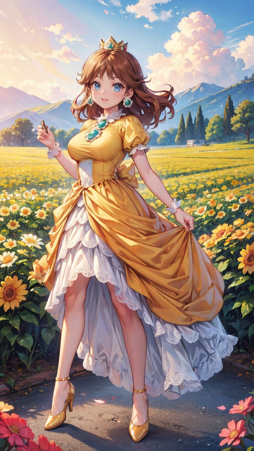 ((((masterpiece, best quality ,Ultra delicate, perfect face,detailed face,Detailed eyes,16k,high resolution,solo)))),Princess daisy super mario, brown hair, blue eyes, short products hair, gold princess crown, flower earrings, yellow long dress, puffy short sleeves, flower brooch, smile, flower garden, sky, cloudy sky, anime waifu style,full body shot,large breasts