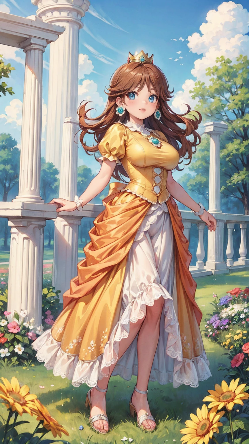 ((((masterpiece, best quality ,Ultra delicate, perfect face,detailed face,Detailed eyes,16k,high resolution,solo)))),Princess daisy super mario, brown hair, blue eyes, short products hair, gold princess crown, flower earrings, yellow long dress, puffy short sleeves, flower brooch, smile, flower garden, sky, cloudy sky, anime waifu style,full body shot,large breasts