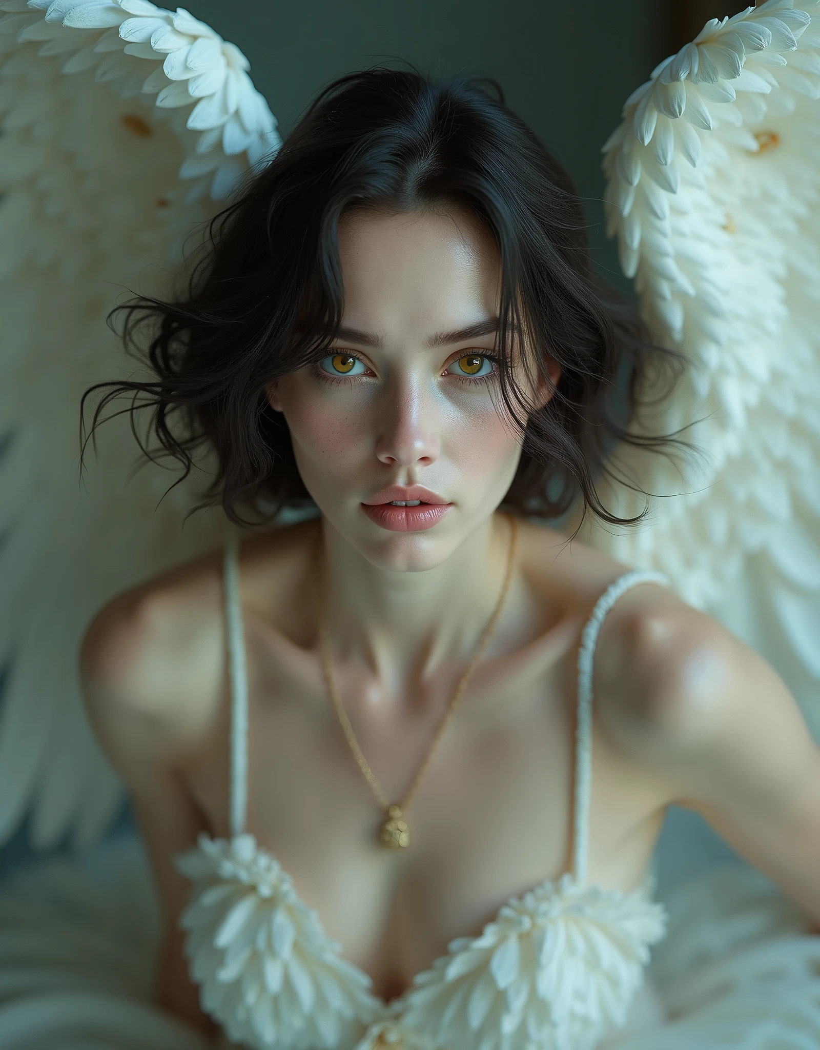 Hyperralistic, Photo Ultra realistic, Naked White girl 18 years old. White skin, Beautiful face, beautiful Blue eyes, red full lips, Long long black straight hair, Voluptuous body, White Skin, full body view, (((Tiny Small hanging breast, Small tiny breasts, erect nipples, Very wide areolas))), (((perky nipples))) (((Arms Wide Open))), Hairless perfect pussy, Naked, Medium heigh, piercing in the belly, posing full naked Body, posing in the artist's painter studio, Anatomic Renaissance drawings, sketches, Paints hanging on the wall, full shot portrait, Shaved pussy. She has Black Wings, her arms and hands like praying.