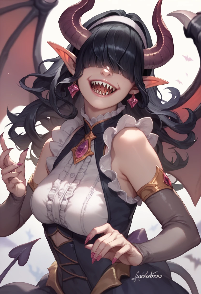 Rosto detalhado, grandes olhos, sharp teeth, hair over eyes, hairband, demon horns, demon wings, long hair, pointy ears, elf, black hair, peitos muito muito grandes, corpo inteiro, 1girl