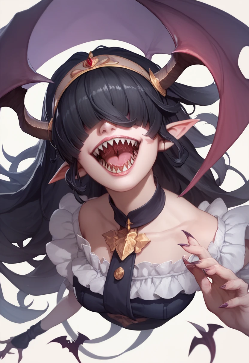 Rosto detalhado, grandes olhos, sharp teeth, hair over eyes, hairband, demon horns, demon wings, long hair, pointy ears, elf, black hair, peitos muito muito grandes, corpo inteiro, 1girl