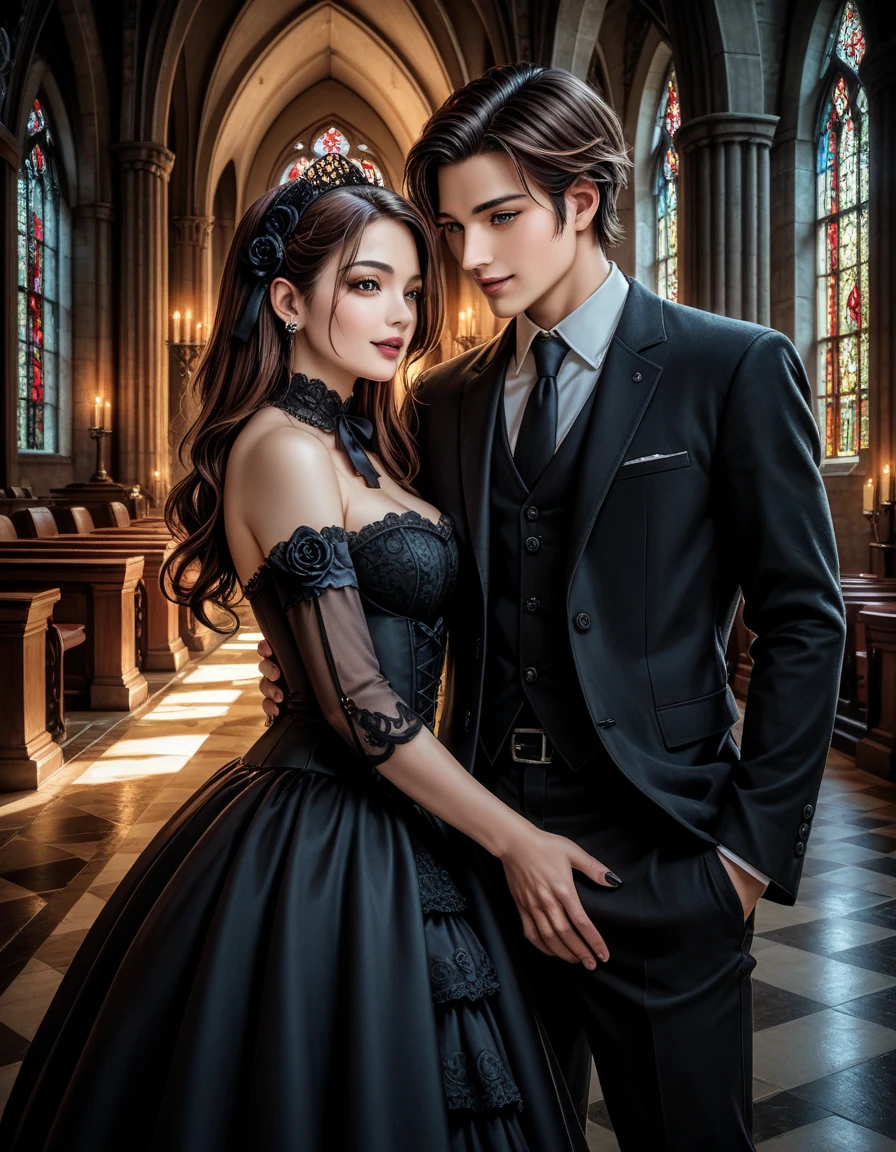 image of a couple in formal clothes ,  Korean man with brown hair short brown eyes , black silk tie , black silk shirt, black jacket , black pants hugs a girl who cries of European appearance ,  blue eyes,  brown long hair ,  long black strapless funeral dress standing in front of graves with fantastic lights, kramskoi 4 k,  ecological gothic scene , gothic church background , neo gothic , gothic romance, Ruins in the background,  cathedral background ,  Stunning arcanum in the background ,  gothic lock in the background ,  behind her gothic cathedral , Victorian Gothic,  arcanum style series  (1 girl, 1 man)  realistic image , masterpiece,  artwork,  hyperrealistic , rendering ,  realistic physical rendering ,  photorealistic rendering ,  highly detailed ,  high-quality render ,  architectural rendering ,  very realistic 3D render ,  realistic image 