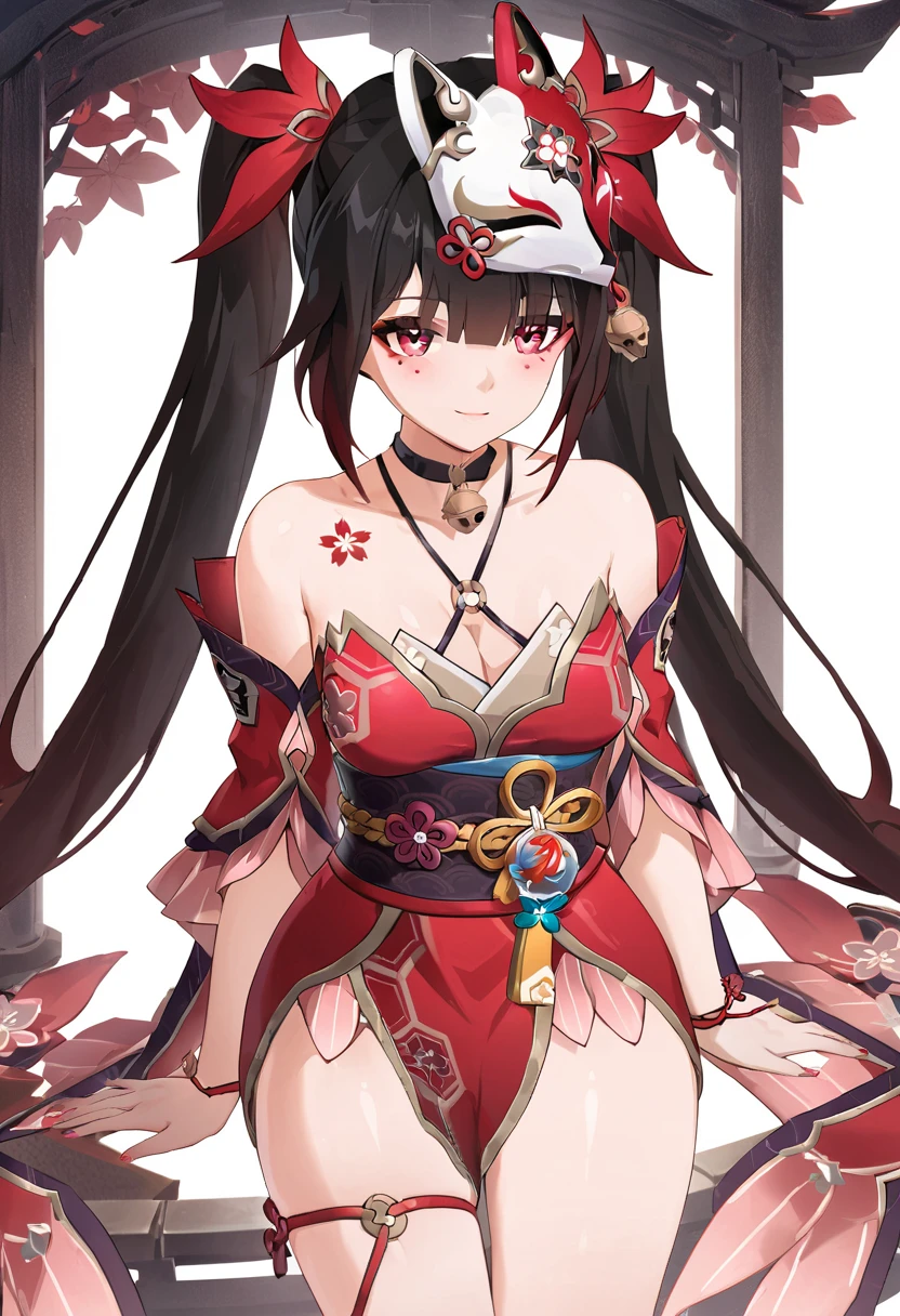 ((best quality, amazing quality, very aesthetic, highres, incredibly absurdres, retouched, smooth lines, excellent color,shiny skin )), sparkle_(honkai:_star_rail)  ,twintails, hair ornament, off shoulder kimono, mask on head, detached sleeves, choker, obi, single glove, cross-laced sandals, wristband, criss-cross halter, thigh strap
