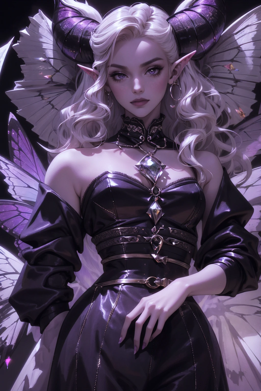 a woman with elf ears, horns, fairy wings, white hair, black lips, black eyes, intricate detailed face, porcelain skin, delicate features, dramatic lighting, fantasy art, dark moody atmosphere, dramatic shadows, cinematic composition, purple color palette, highly detailed, masterpiece, 8k, (best quality,4k,8k,highres,masterpiece:1.2),ultra-detailed, whole boby, walking among fairies, butterflies and mushroons,