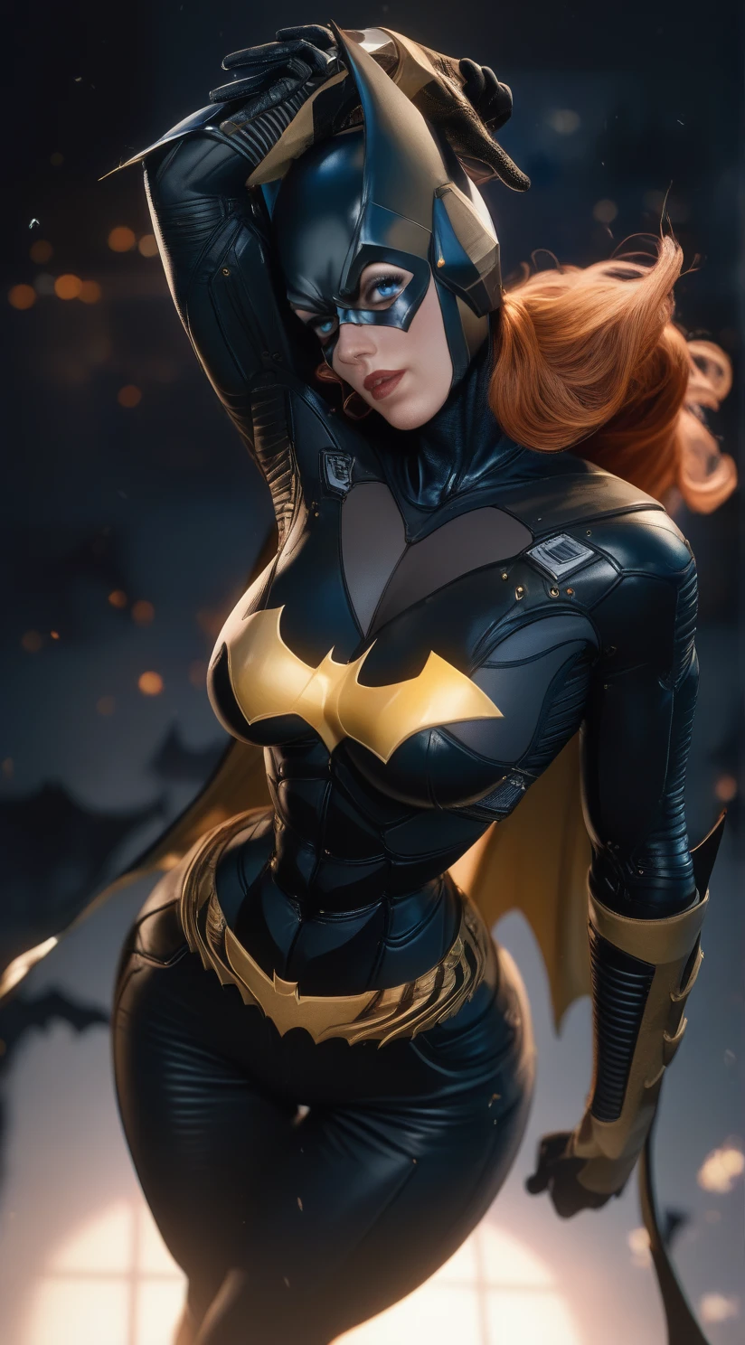  ( A full-length curvaceous woman, big breasts, big hips , narrow waist, long legs,dressed as Batman , posing for a picture), extremely detailed ,  anigerl batman , style , in the style ,  comic, batgirl,  style,  Chris Moore . , graphic artist 