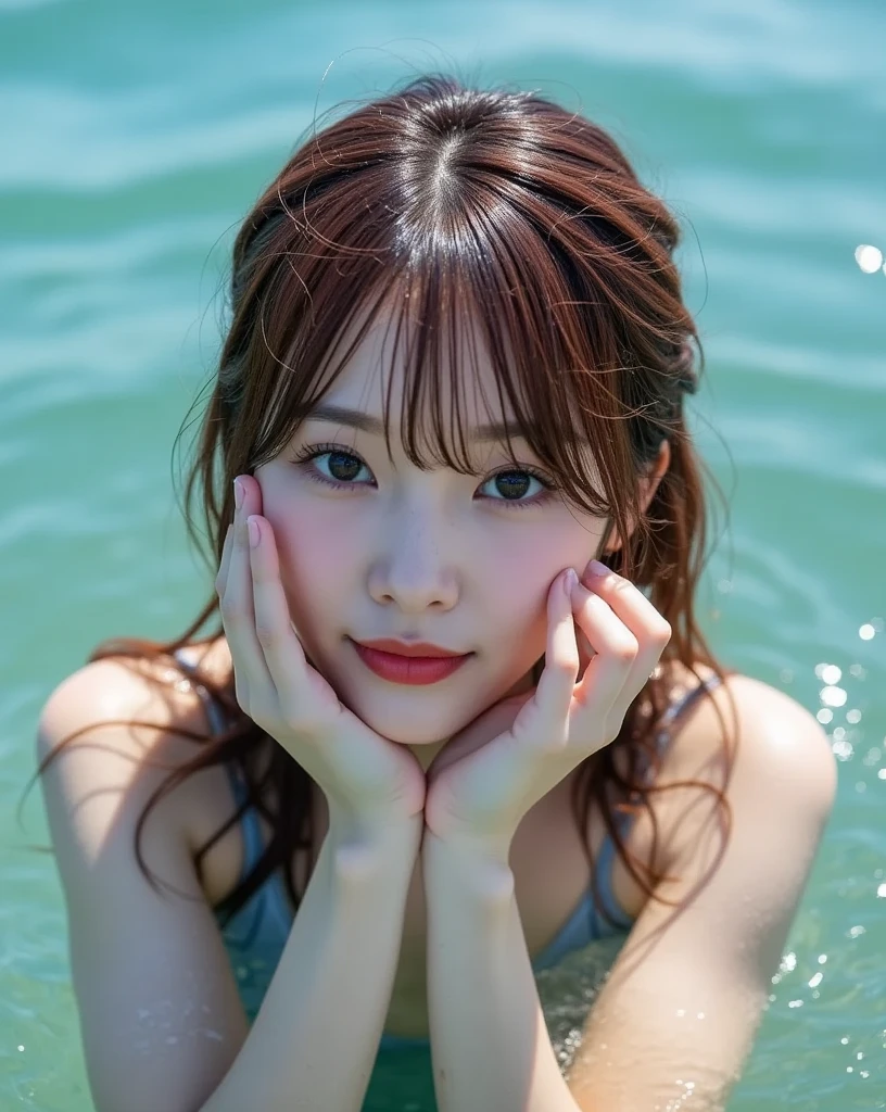 A brown-haired Japanese woman swimming in the sea with her face soaked, inviting you to join her with a shy smile, in high resolution, masterpiece, Anatomically correct, Highest quality, High detail, Textured skin, Ultra-detailed, Cinematography, 