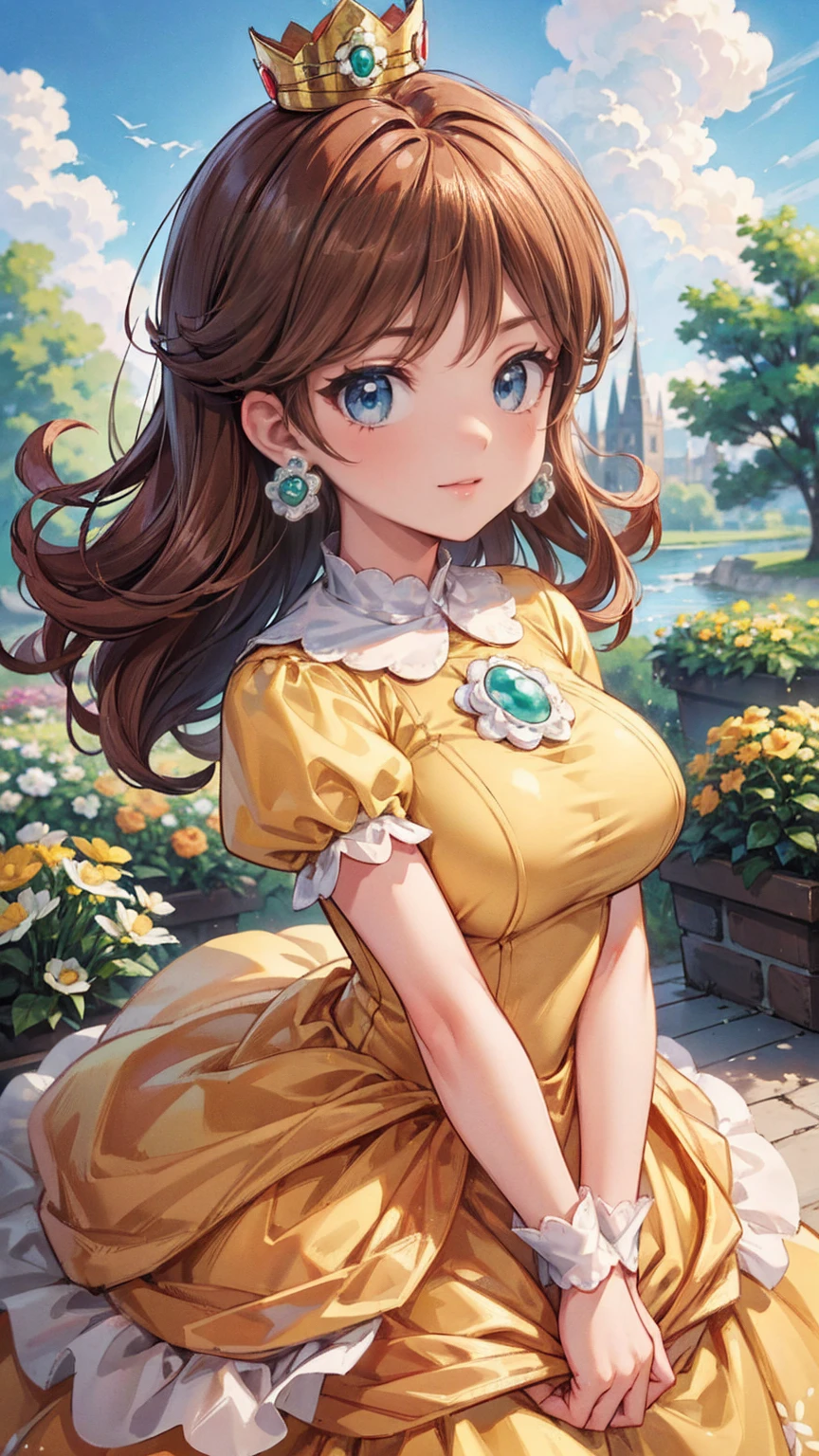 ((((masterpiece, best quality ,Ultra delicate, perfect face,detailed face,Detailed eyes,16k,high resolution,solo)))),Princess daisy super mario, brown hair, blue eyes, short products hair, gold princess crown, flower earrings, yellow long dress, puffy short sleeves, flower brooch, smile, flower garden, sky, cloudy sky, anime waifu style,full body shot,large breasts