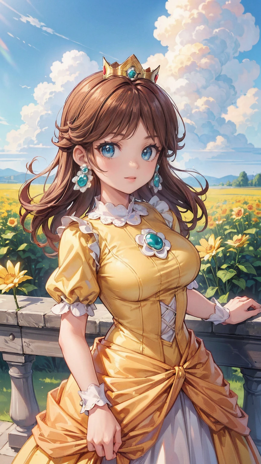 ((((masterpiece, best quality ,Ultra delicate, perfect face,detailed face,Detailed eyes,16k,high resolution,solo)))),Princess daisy super mario, brown hair, blue eyes, short products hair, gold princess crown, flower earrings, yellow long dress, puffy short sleeves, flower brooch, smile, flower garden, sky, cloudy sky, anime waifu style,full body shot,large breasts