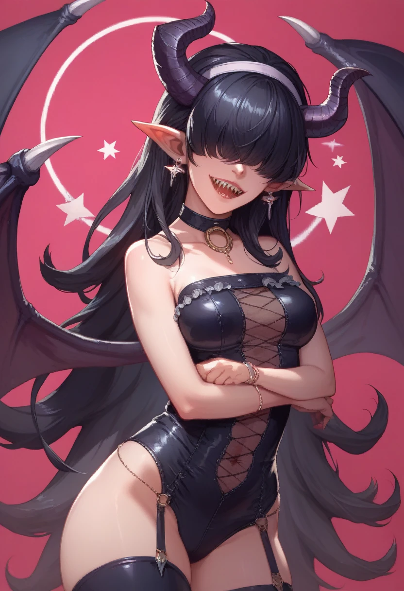 Rosto detalhado, grandes olhos, sharp teeth, hair over eyes, hairband, demon horns, demon wings, long hair, pointy ears, elf, black hair, peitos muito muito grandes, corpo inteiro, 1girl