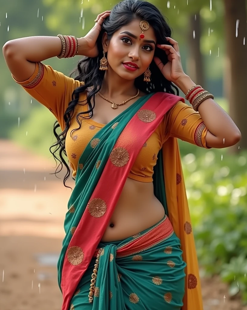 (masterpiece portrait photography:1.4) of a alluring sexy curvy tall supermodel Suhasini Iyer, posing in a garden , wearing beautiful, wearing ornate skirt and bralette, ornate venetian garden, heels, arms over head, armpits, (big flowing backlit hair), vivacious, lustful glance, exhilarated (captivating kohl lined eyes:1.1) , (seductive smile:1.3) soft dramatic lighting, falling leaves and flowers bokeh, key lighting backlit, light rays, highly detailed, trending on artstation, paint splashes, rich colour, wind all around, abstract portrait, by Ron hicks