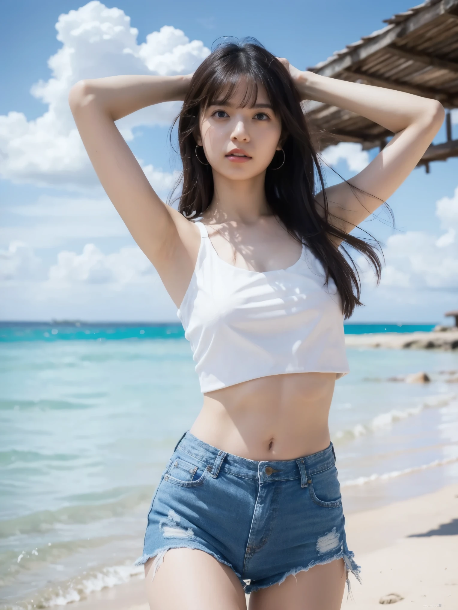 8K raw photo beauty:2.0, dark brown hair long hair, amazing face and dark eyes , staring at the camera, show armpits, Running, Sprint, Dynamic Poses , vibrant pose ,(white crop top and distressed denim shorts:1.2)、 wears sneakers:1.4, photorealistic:1.9, Extremely Detailed CG Unified 8K Wallpaper , high definition, high definitionな生の色写真, Professional Photography ,Look forward, is showing the whole body,Shooting on the beach, sexy girl portrait, Blue sky and clouds,