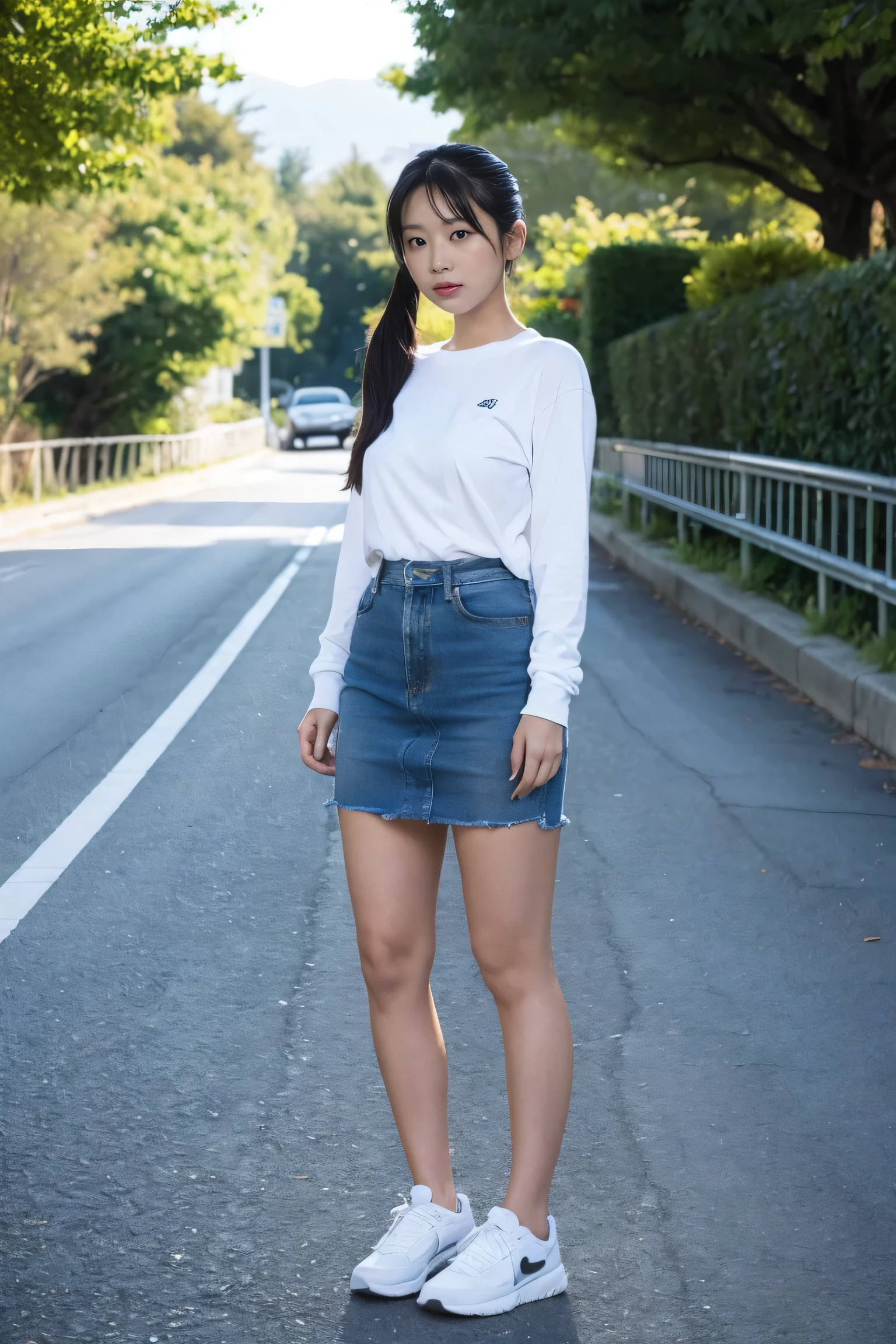 plump,mature,Photo Backdrop , Alone, skirt, 1 girl , Realistic, Outdoor, shirt, Long Hair, shoes, standing, viewers who show the full nudity, road, Long Sleeve , white shirt, 白いshoes, ponytails bleeding from the vagina, sneakers, whole body, day, denim miniskirt, shadow, black hair, reference inset, dark eyes