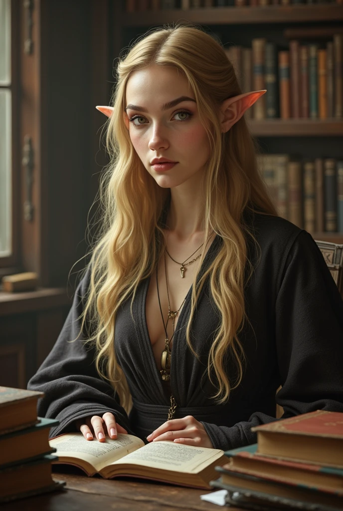 blonde elf girl with one open ear, in a dress and with a book pressed to her chest
