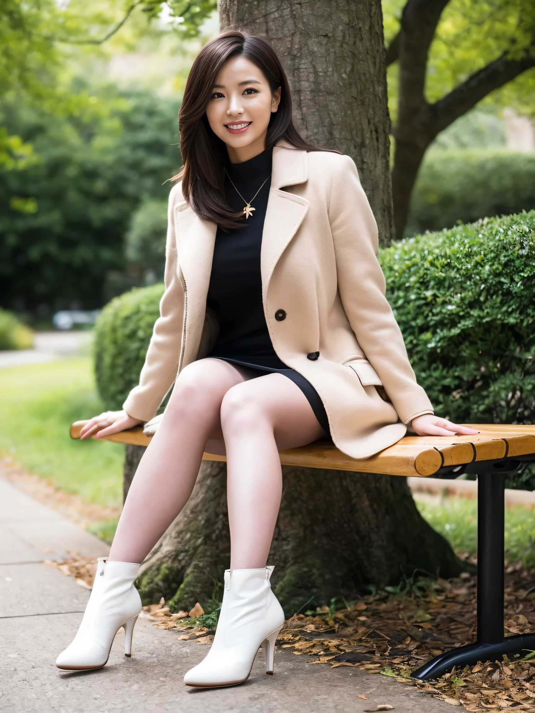 1girl, solo, realistic, photo background, sitting, boots, jewelry, bench, pantyhose, necklace, outdoors, bag, handbag, smile, looking at viewer, high heels, brown hair, white high heel boots, mini skirt, brown eyes, long hair, real world location, tree, coat, black hair, white footwear