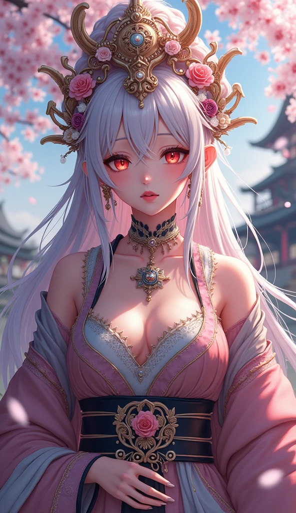 Long white hair, animal ears, pink eyes, big breasts, royal sister, kimono, fox tail