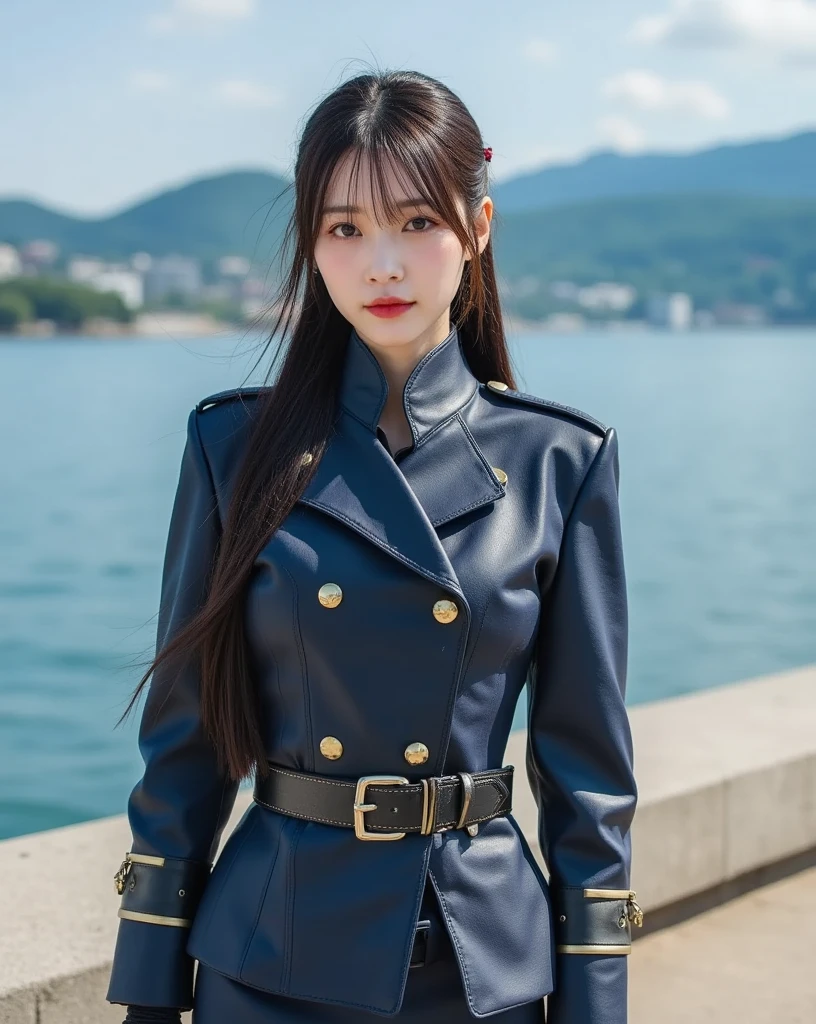 Beautiful woman,masterpiece,High resolution, Highest quality, 
Photorealistic,(20 years old),
A beautiful woman、Satomi Ishihara's face、Perfect Face、
((Rough leather military uniform)),Navy blue casual military uniform、
Off shoulder,
(Very long straight hair),
push one's hair back、
(Carrying a long sword at his waist)),
wearing black-rimmed glasses、
I&#39;m in a seaside town、
((slender body)),(large breasts),
(perfect body),skinny,
Beautiful woman with perfect figure,
((looking at viewer)),full body,
Aperture F2.8, Nikon, Thin eyebrows、Moisturized lips、
(sharp),((shiny skin)),(clear skin),
Moisturized Skin,Beautiful Skin、
the most beautiful image ever seen,
Cinematography, 