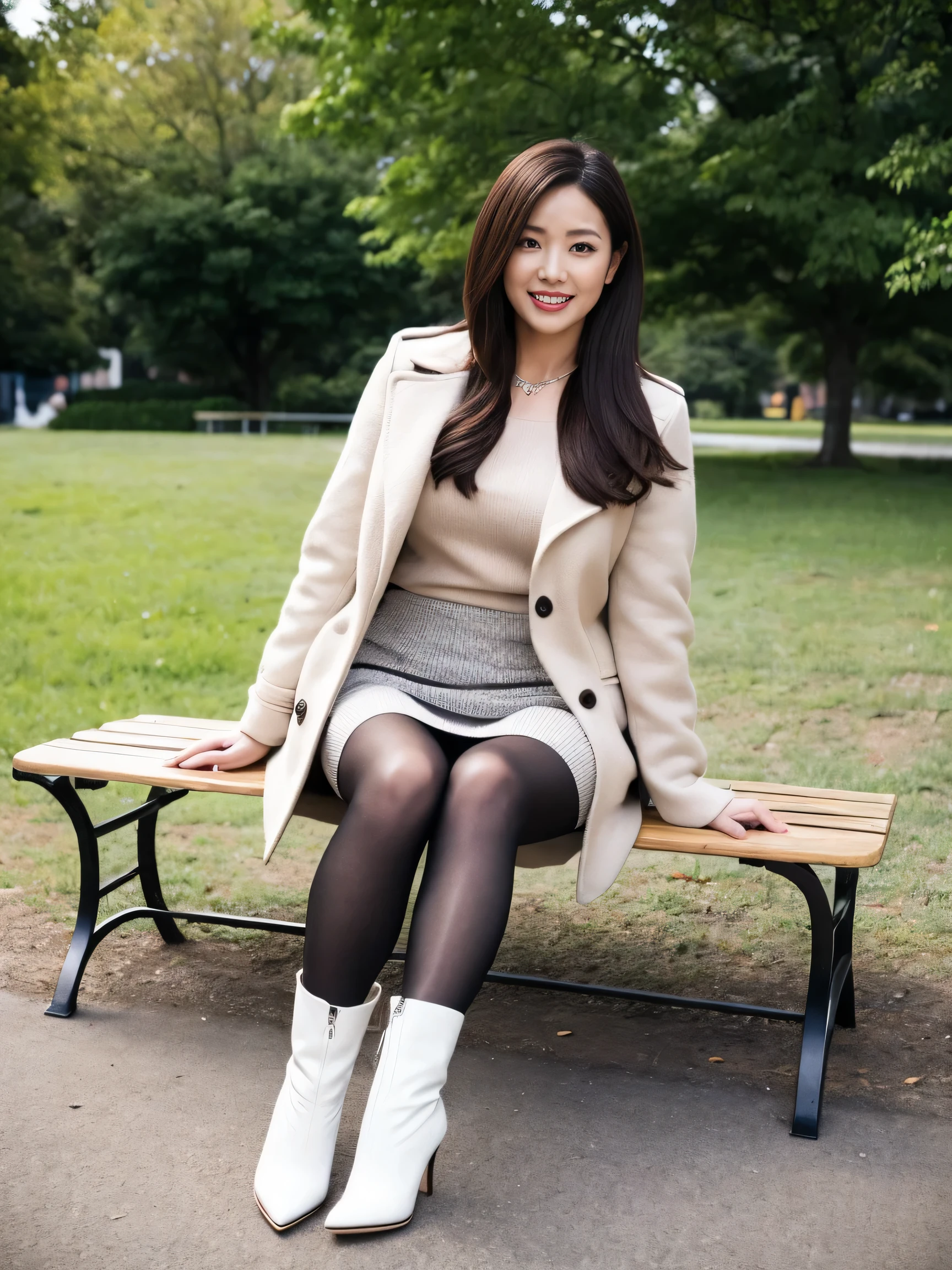 1girl, solo, realistic, photo background, sitting, boots, jewelry, bench, pantyhose, necklace, outdoors, bag, handbag, smile, looking at viewer, high heels, brown hair, white high heel boots, mini skirt, brown eyes, long hair, real world location, tree, coat, black hair, white footwear