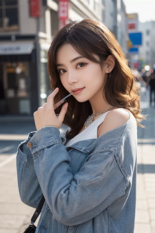 masterpiece, Highest quality, High resolution,alone,Brown Hair, Small earrings,long hair, outside,artistic,An illustration,Line art,Aqua Eye,morning,Best lighting,sun,casual,Large Breasts,Cleavage,watercolor,Beautiful Face,expensive,sexy,Woman wearing a jacket,Mischievous grin,smile,light makeup,nature,office Street