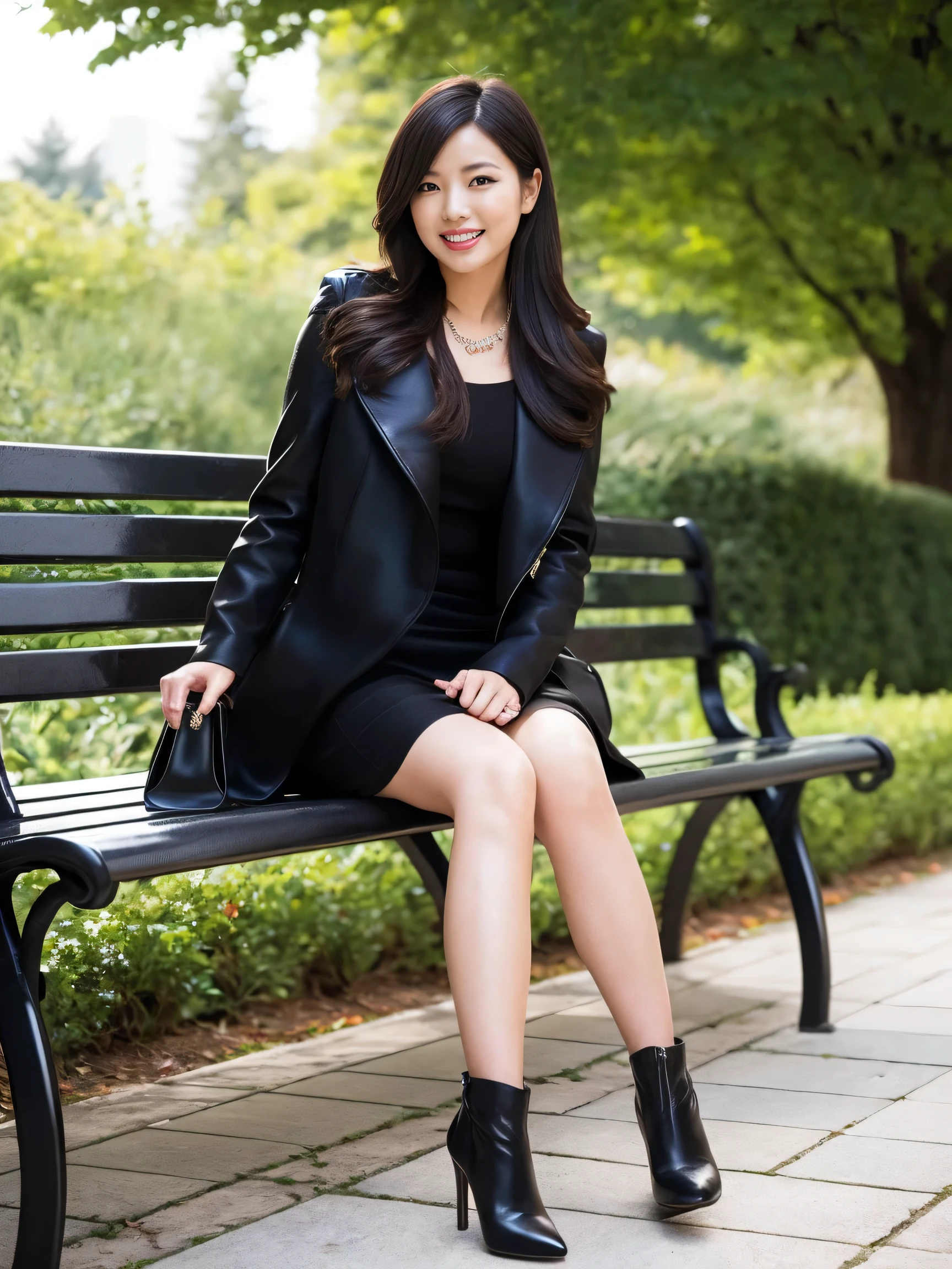 1girl, solo, realistic, photo background, sitting, boots, jewelry, bench, pantyhose, necklace, outdoors, bag, handbag, smile, looking at viewer, high heels, brown hair, white high heel boots, mini skirt, brown eyes, long hair, real world location, tree, coat, black hair, white footwear