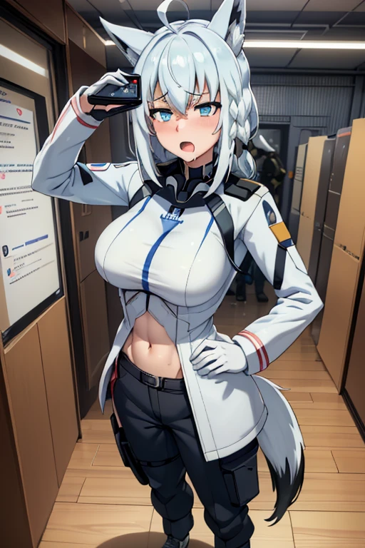 ((  best quality)), ((masterpiece)), ( super detailed), soldier,SF,universe,soldier,suit,uniform,Pants,Lab,Hangar,base, standing, giant robot ,salute,((hypnotism)),((confusion)),(( drool )),(((((Show a girl a smartphone screen))))),male,