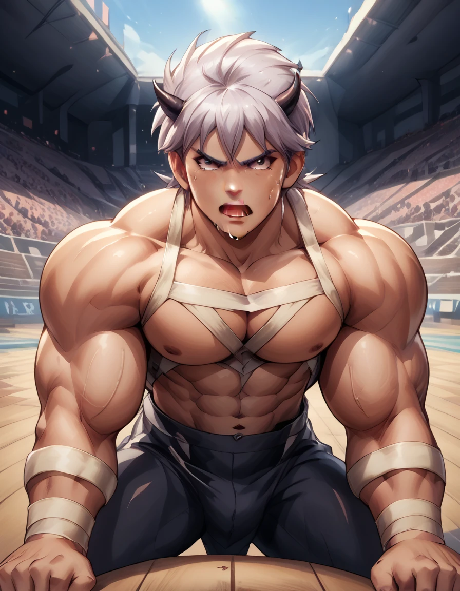 Hyunckel,bandage, Silver Hair, huge muscles,18-year-old boy,((Huge penis, anal sex )),((They are bound to be feathered, tentacles that are clawed fly into the chest)), open your arms wide and clench your fists, Open Big Mouth, large number of protruding blood vessels ,((Gives off an evil aura)), painful expression,megaman suit,,Lots of sweat, tears, and drooling, in the middle of the Colosseum , Toned Muscles, rape,Demon Body,The devil takes over,brainwashing,Muscle Pose,score_9,score_8_up,score_7_up,source_anime,HD,Hyunckel,lavender hair, black eyes, looking at viewer, light rays,posing, bandages, bandages covered body,nsfw,