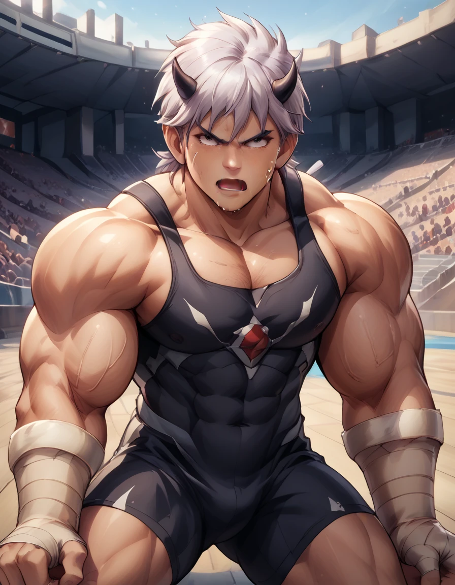 Hyunckel,bandage, Silver Hair, huge muscles,18-year-old boy,((Huge penis, anal sex )),((They are bound to be feathered, tentacles that are clawed fly into the chest)), open your arms wide and clench your fists, Open Big Mouth, large number of protruding blood vessels ,((Gives off an evil aura)), painful expression,megaman suit,,Lots of sweat, tears, and drooling, in the middle of the Colosseum , Toned Muscles, rape,Demon Body,The devil takes over,brainwashing,Muscle Pose,score_9,score_8_up,score_7_up,source_anime,HD,Hyunckel,lavender hair, black eyes, looking at viewer, light rays,posing, bandages, bandages covered body,nsfw,