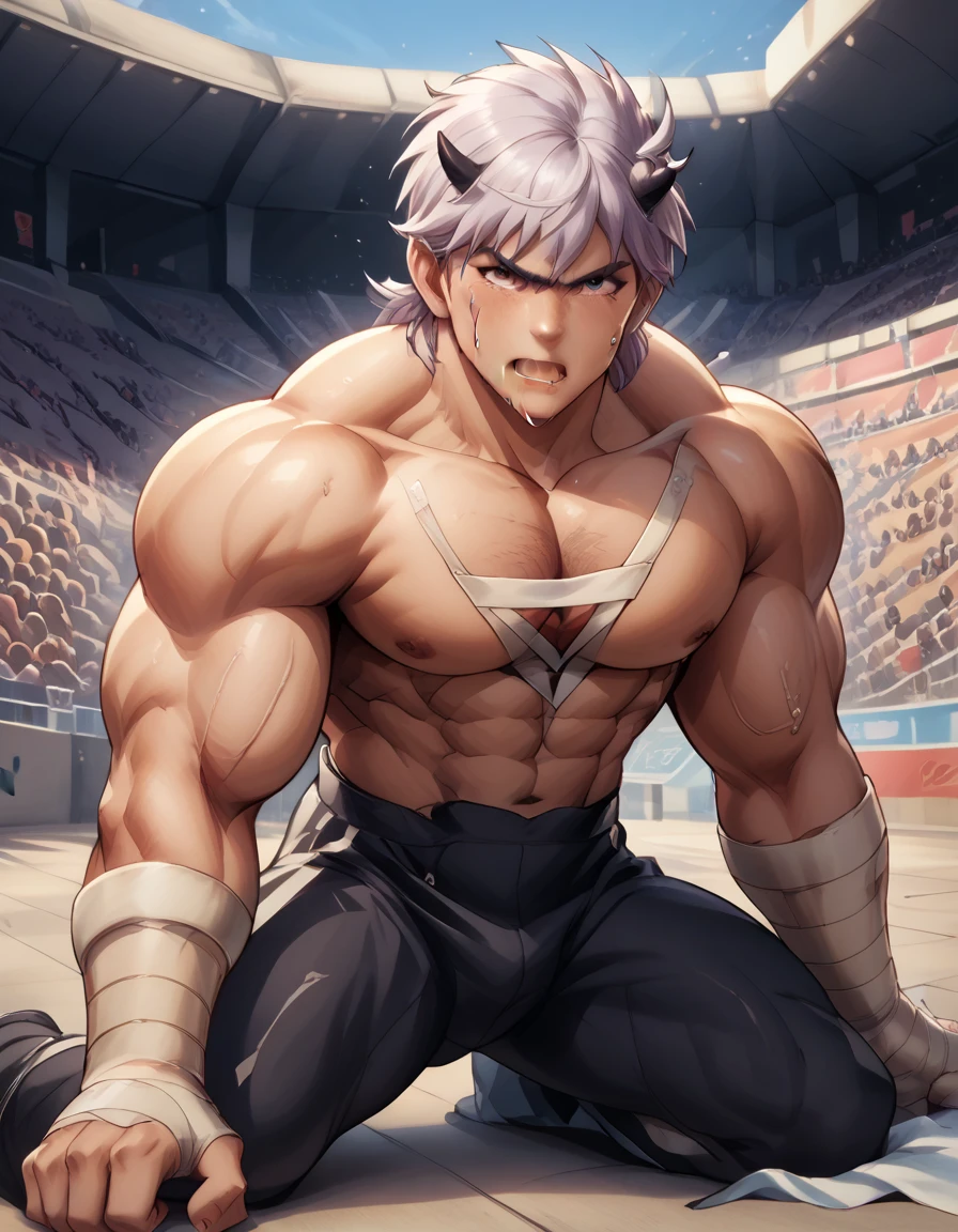 Hyunckel,bandage, Silver Hair, huge muscles,18-year-old boy,((Huge penis, anal sex )),((They are bound to be feathered, tentacles that are clawed fly into the chest)), open your arms wide and clench your fists, Open Big Mouth, large number of protruding blood vessels ,((Gives off an evil aura)), painful expression,megaman suit,,Lots of sweat, tears, and drooling, in the middle of the Colosseum , Toned Muscles, rape,Demon Body,The devil takes over,brainwashing,Muscle Pose,score_9,score_8_up,score_7_up,source_anime,HD,Hyunckel,lavender hair, black eyes, looking at viewer, light rays,posing, bandages, bandages covered body,nsfw,