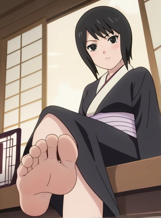 Score_9, score_8_up, source_anime, 1girl, Shizune, looking at viewer, big eyes, black eyes, straight hair, long bluish-black kimono with white trimmings, white obi, in her home, sitting on the bed, crossed legs, cowboy shot, ANIME SCREENCAP, anime coloring, barefoot, perfect feet, anatomically correct, soles, low angle, focal length 35mm, each foot has five toes, front, symmetrical soles, foot focus,