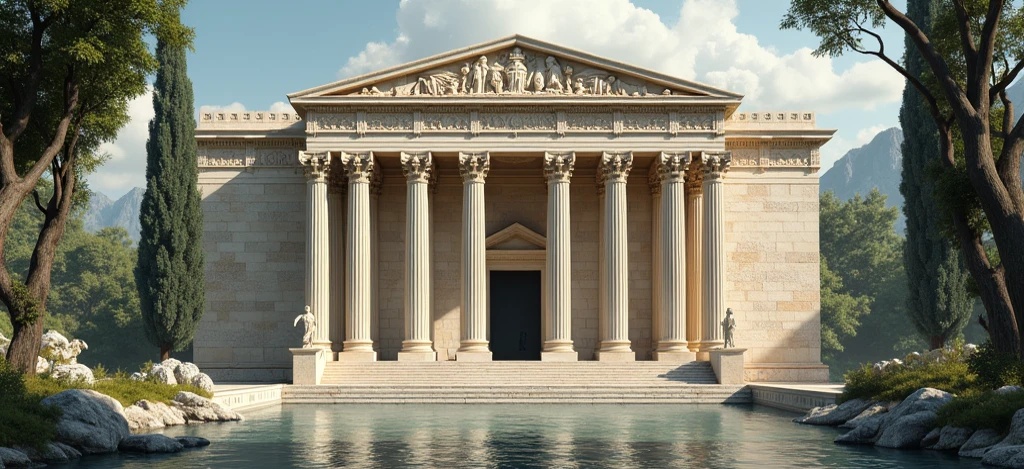 Impressive library from the outside with marble details and based on ancient Greece
