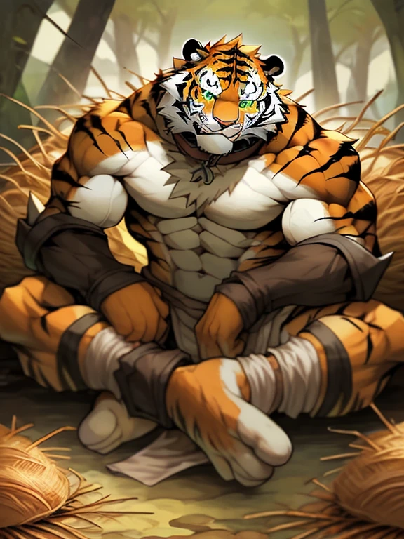 Chimera、A composition showing the whole body in profile、Sitting pose、Black Legs、Black hairy legs、Green snake tail、緑色のSnake's head、Snake's head、Tiger Arm、Black wolf-like body、Snake's head、the mane of a lion、Black wolf body、Tiger-like pattern、Angry lion face、Tiger arm、Tail scales、Very huge muscles、Very beautiful abs、paw pads on soles of feet、sharp claws on feet、White teeth、Golden Eyes、Forest Background、tropical rain forest、Composition looking up from below、chest hair、Belly hair