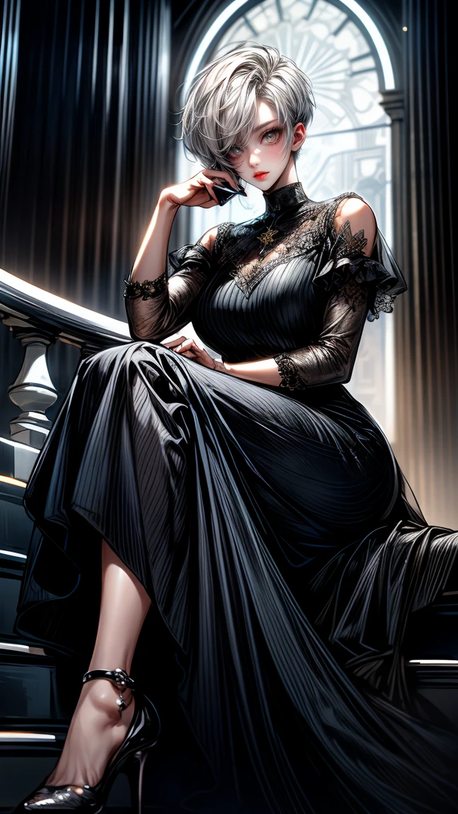(masterpiece:1.2, best quality), (very detailed face, real picture, realistic, realistic body, intricate details), solo, 1milf, (((long hair))), (((blunt bangs))), (((dark blue hair))), purple eyes, medium breast, (((dark blue dress regency era style))), solo, 1 girl, frill, lace