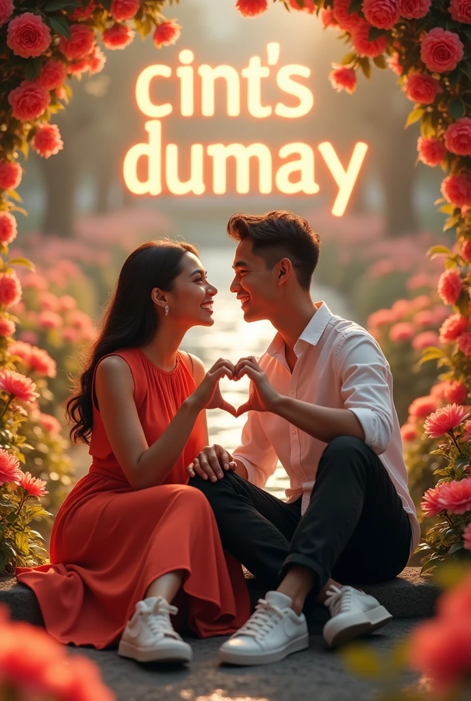 A romantic and elegant photo of a 23-year-old man in a black suit and a 23-year-old woman in a red dress. The man gently hands the woman a rose. They are surrounded by roses and petals. The background is a soft, warm light pink wall with the name "TUGBA ARAZ" written in 3D lettering and the name "" with a different logo. The lighting is soft and dreamy.