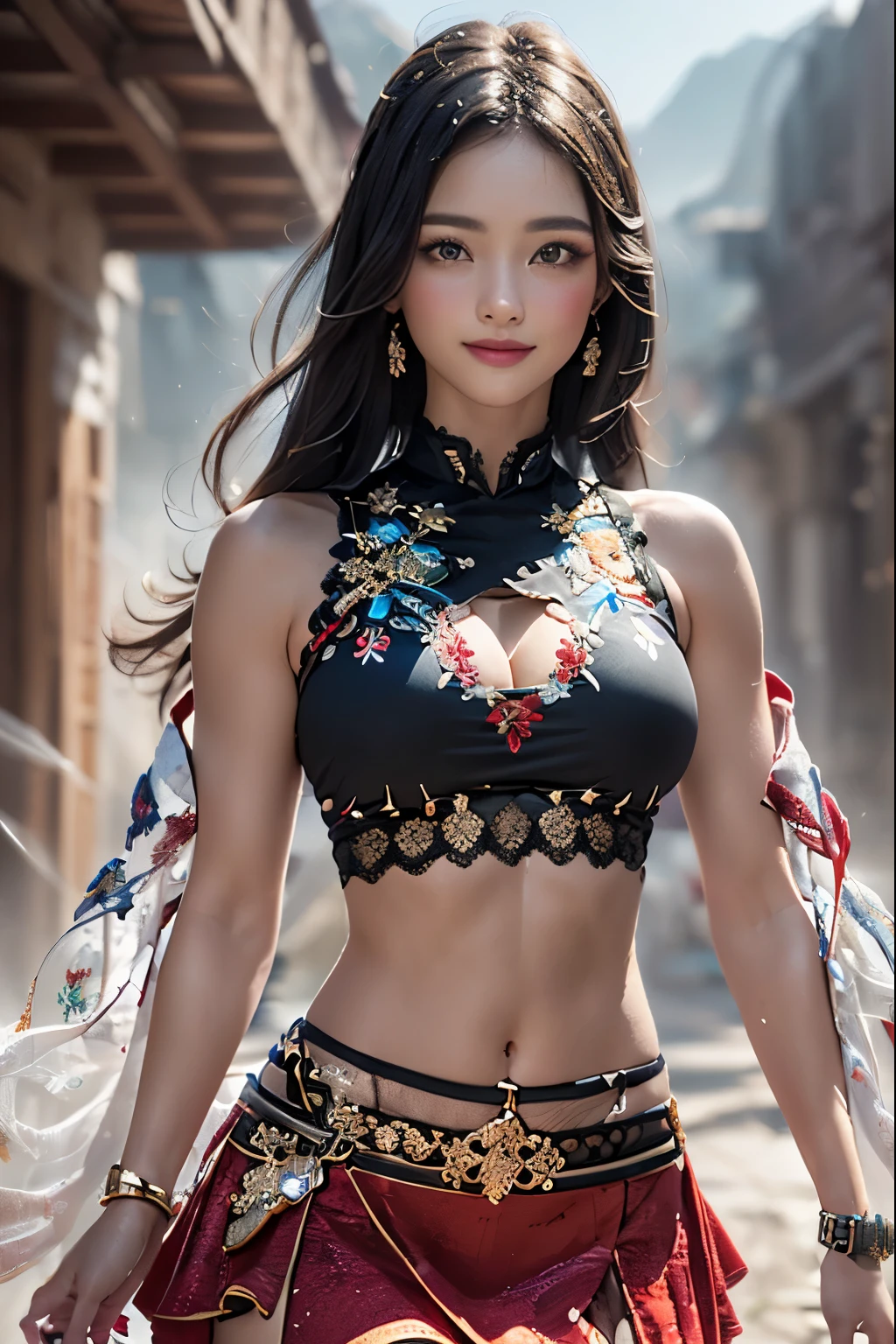 (masterpiece, best quality, beautiful modelshoot:1.4) of a stunning 25yo chinese 1girl, (full body view:1.6), (seductive pose:1.2), breasts:1.2, solo:1.5, navel, long black hair, sidebangs, bare shoulders, (perfect face, perfect eyes, insanely beautiful face, perfect hands, beautiful fingers:1.5), (happy smile:1.2), hanfu, (looking at viewer:1.6), busy street background, colorful, highly detailed, ultra realistic, deep field of depth, (sharp focus:1.6), insanely intricate, 8k