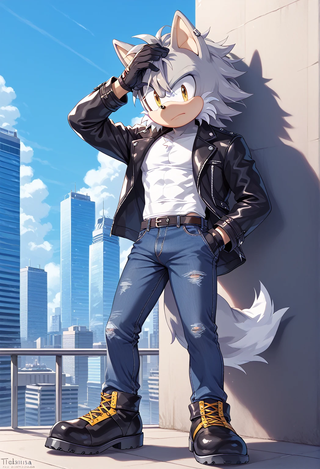 Male Wolf, ((Sonic character oc )), Male adult, ( silver fur in all body ), ( light gray inner ears ), (Alone), ( Short wild and messy hair ), City, scar near the left eye that crosses the left eye diagonally, wears a white T-shirt, closed black leather jacket, black gloves with cut toes Jeans and boots, yellow Eyes, Day time, ((mobian)), moebius, (Fluffy Fur), Large Fluffy Tail, serious and sexy pose, Hunter Bow, motocicle