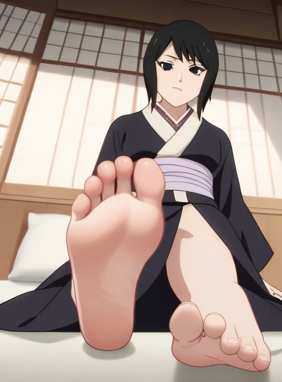 Score_9, score_8_up, source_anime, 1girl, Shizune, looking at viewer, big eyes, black eyes, straight hair, long bluish-black kimono with white trimmings, white obi, in her home, sitting on the bed, cowboy shot, ANIME SCREENCAP, anime coloring, barefoot, perfect feet, anatomically correct, soles, low angle, focal length 35mm, each foot has five toes, front, symmetrical soles, foot focus,