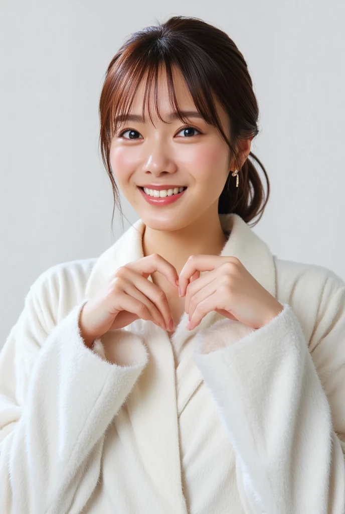 Only one smiling woman poses wearing cute pajamas with only her shoulders exposed, making a firm big heart shape with both hands, and holding them in front of her chest, View above collarbone、The background is a monotone 、
