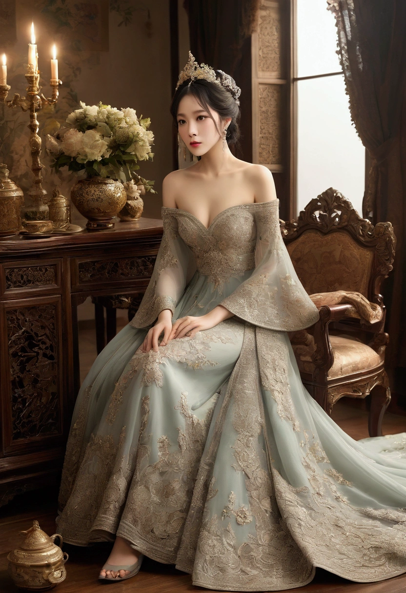 (Best quality,8K,A high resolution,Masterpiece:1.2),Ultra-detailed,(Realistic,Photorealistic,photo-realistic:1.37),Portrait,Creative style artwork,Historical,classical,Sophisticated,plethora of colors,Highly detailed,Soft lighting,luxurious environment,detailed gown,Vibrant flowers,detailed jewellery,Ethereal atmosphere,Elegant Pose,Graceful curves,Gold body proportions,Flowing hair,Breathtaking textile patterns,Harsh purple eyes,Delicate floral decoration,A dazzling array of crystal accessories,Mysterious and dreamy atmosphere,Impeccable attention to detail.