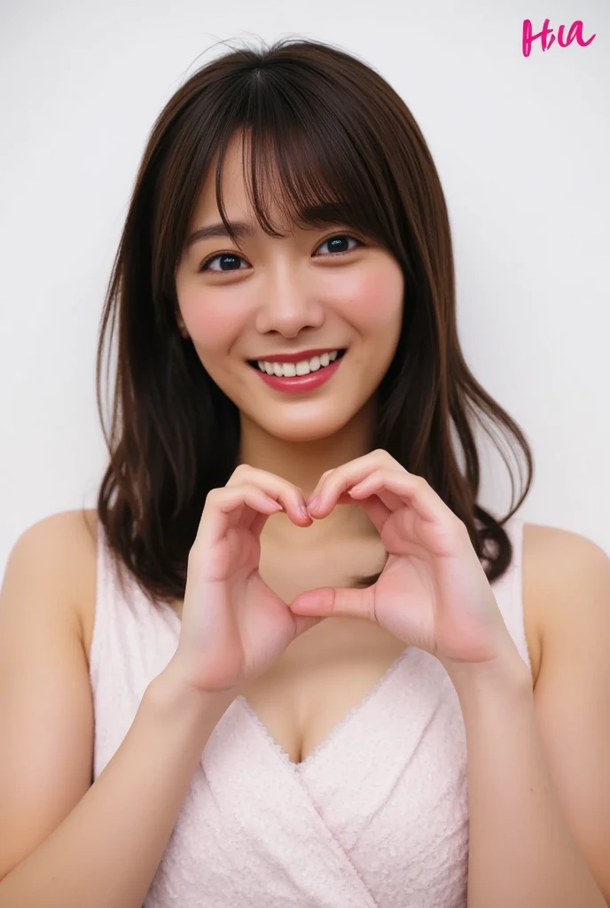 Only one smiling woman poses wearing cute pajamas with only her shoulders exposed, making a firm big heart shape with both hands, and holding them in front of her chest, View above collarbone、The background is a monotone 、
