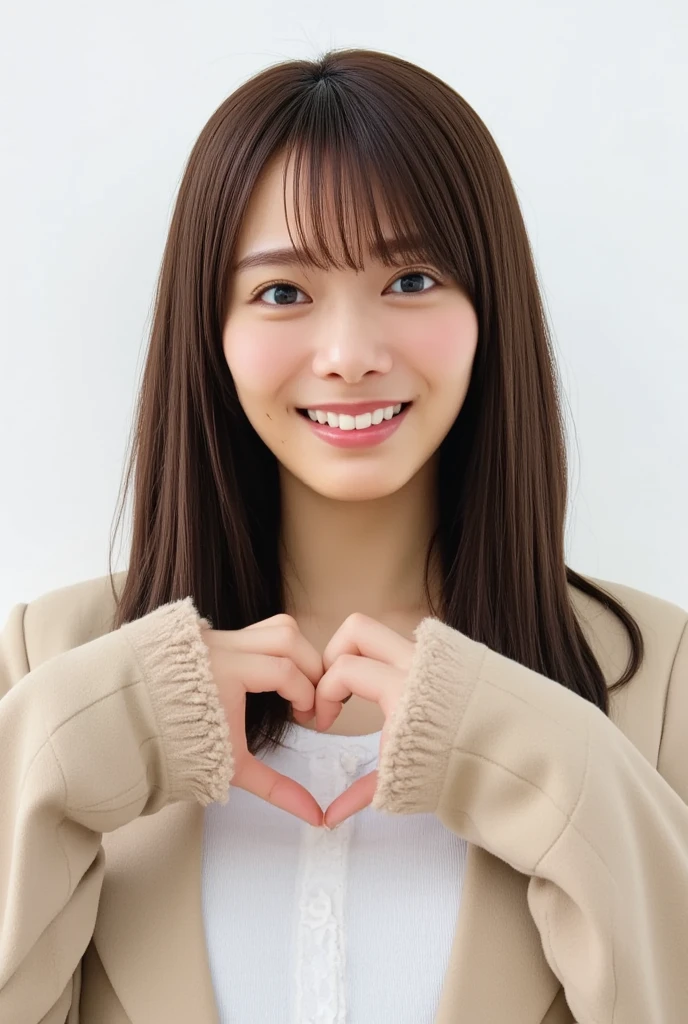 Only one smiling woman poses wearing cute pajamas with only her shoulders exposed, making a firm big heart shape with both hands, and holding them in front of her chest, View above collarbone、The background is a monotone 、
