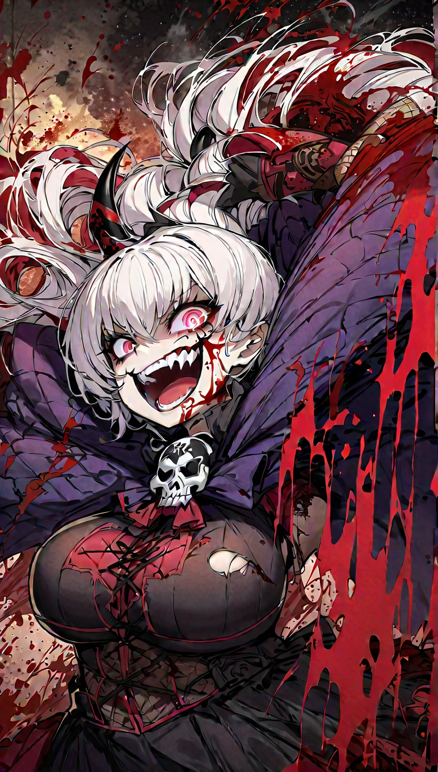 Anime girl with blue eyes and a black hat with red and white design, gapmoe Yandere grimdark, Anime Moe Art Style, 2D Anime Style, gapmoe Yandere, Shalltear Bloodfallen, Hero 2D Fan Art Art Station, Tear from Overlord, Dark Sky、 Holy Cyborg Necromancer Girl, Yandere