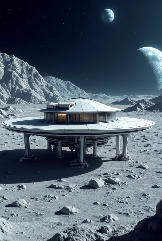  A plate-shaped crater ,  a futuristic building built on the surface of the Moon .  Supported by several steel columns ,  the building seems to float in the air .  A building that can be extended forever from the center out in a spiral shape.  It is already about 1 km in diameter .  There is no air outside ,  are not visible so people can only live in buildings .  thousands of stars in the sky .  The blue Earth is also visible . from a distance, On the Moon can be seen ,  but large mountains .