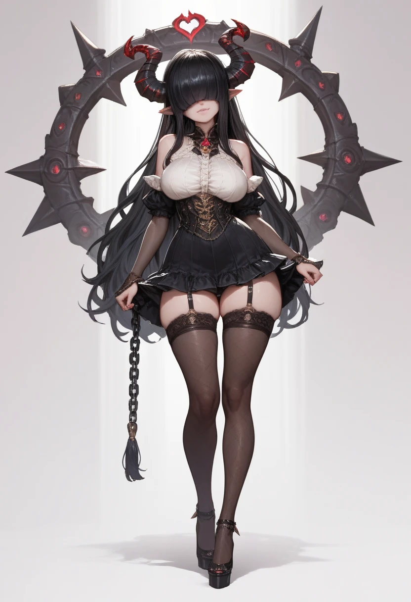 detailed face, big eyes, hair over eyes, demon horns, long hair, pointy ears, black hair, Very very very very very very big boobs,  full body , 1girl