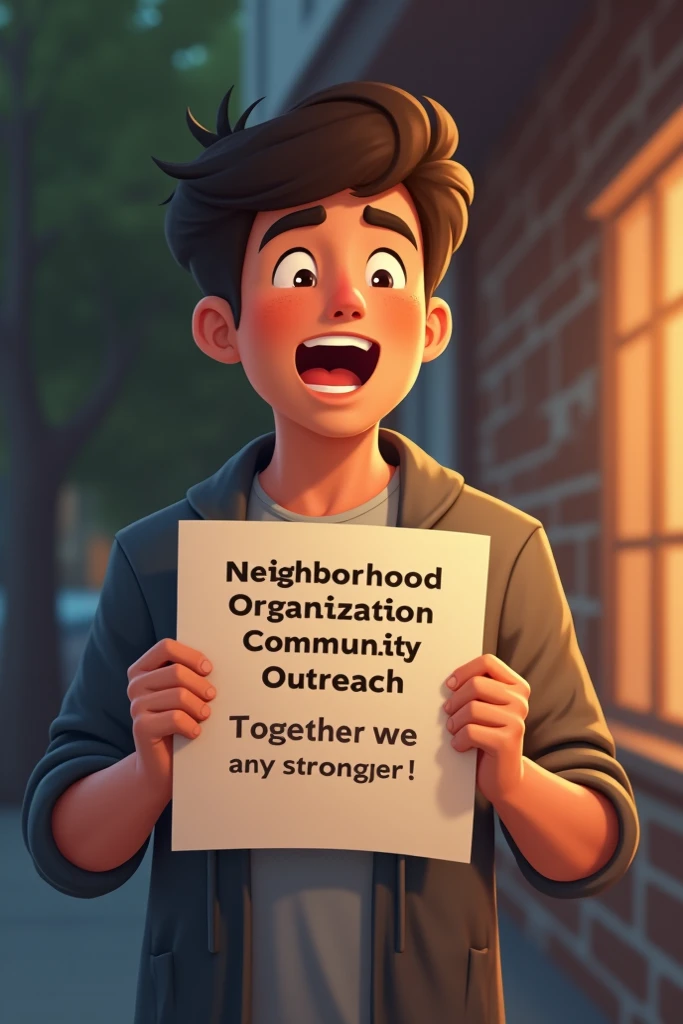 Scene 4:  Proposed Solutions!

Vignette :
Drawing:  A young man shows a sign that reads : "Neighborhood Organization :  community outreach .  Together we are stronger !".
Description:  The camera focuses on the young man explaining a plan to organize surveillance shifts and contact the authorities.
flat: limelight (PP)  of the young man's face and the poster .
Camera Movement:  Zoom in on the young man's face as he speaks with determination .
sound:  Soft but hopeful music begins to play .