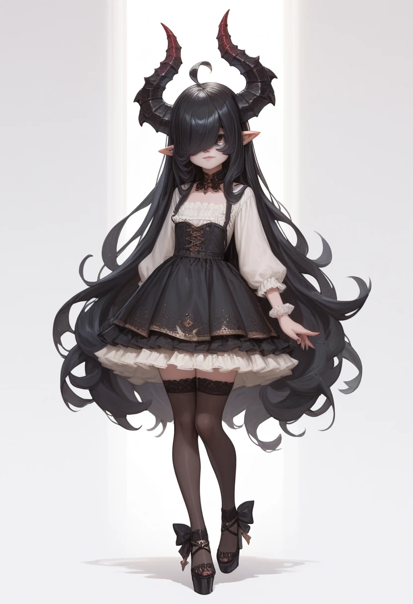 detailed face, big eyes, hair over eyes, demon horns, long hair, pointy ears, black hair, Very very very very very very big boobs,  full body , 1girl