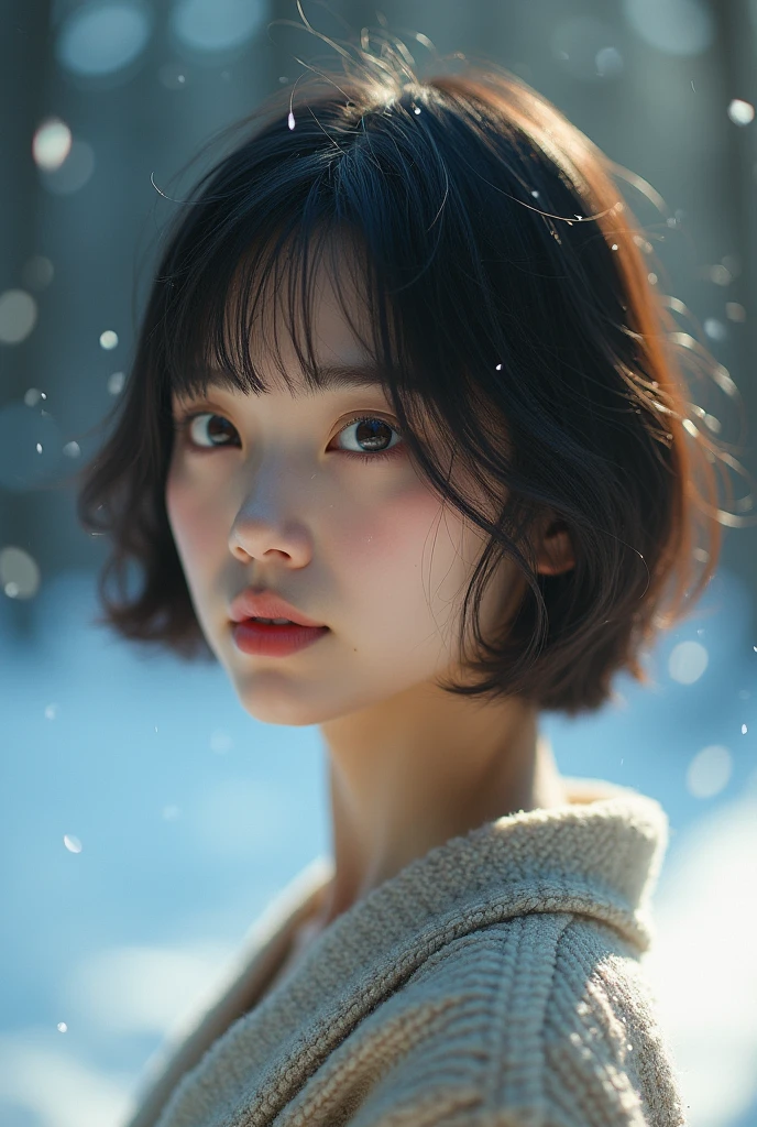 Stunning close-up portrait of a young and beautiful woman with RAW, analog style and impressive features. She should have long, flowing hair, a seductive gaze, and an attractive look. The background is neutral and simple, allowing the woman to be the focal point of the image. Pay attention to details, such as highlights and shadows on her face and hair, to create realistic and realistic images. Experiment with different lighting techniques to enhance the mood and atmosphere of your portrait. The final product should be a masterpiece that captures the essence and beauty of a woman ((very detailed skin, skin details)), Sharp Focus, Volumetric Fog, 8K, UHD, DSLR, High Quality, Film Grain, Fujifilm XT3, Long Sleeve Dress, Wool Dress, Dark Blue Floret Dress, Wearing a Woolen Coat, Short-Cut Hair, Tousled Hair, wind, antique street corner, north wind, dead leaves, fallen leaves, fallen leaves fluttering in the wind, cold, cold, street corner crowded with Christmas decorations, girl alone with a lonely expression, lights, orange city lights, warm lights, Christmas lights, blurred lights, sad expression, tears in the eyes, a ray of tears,