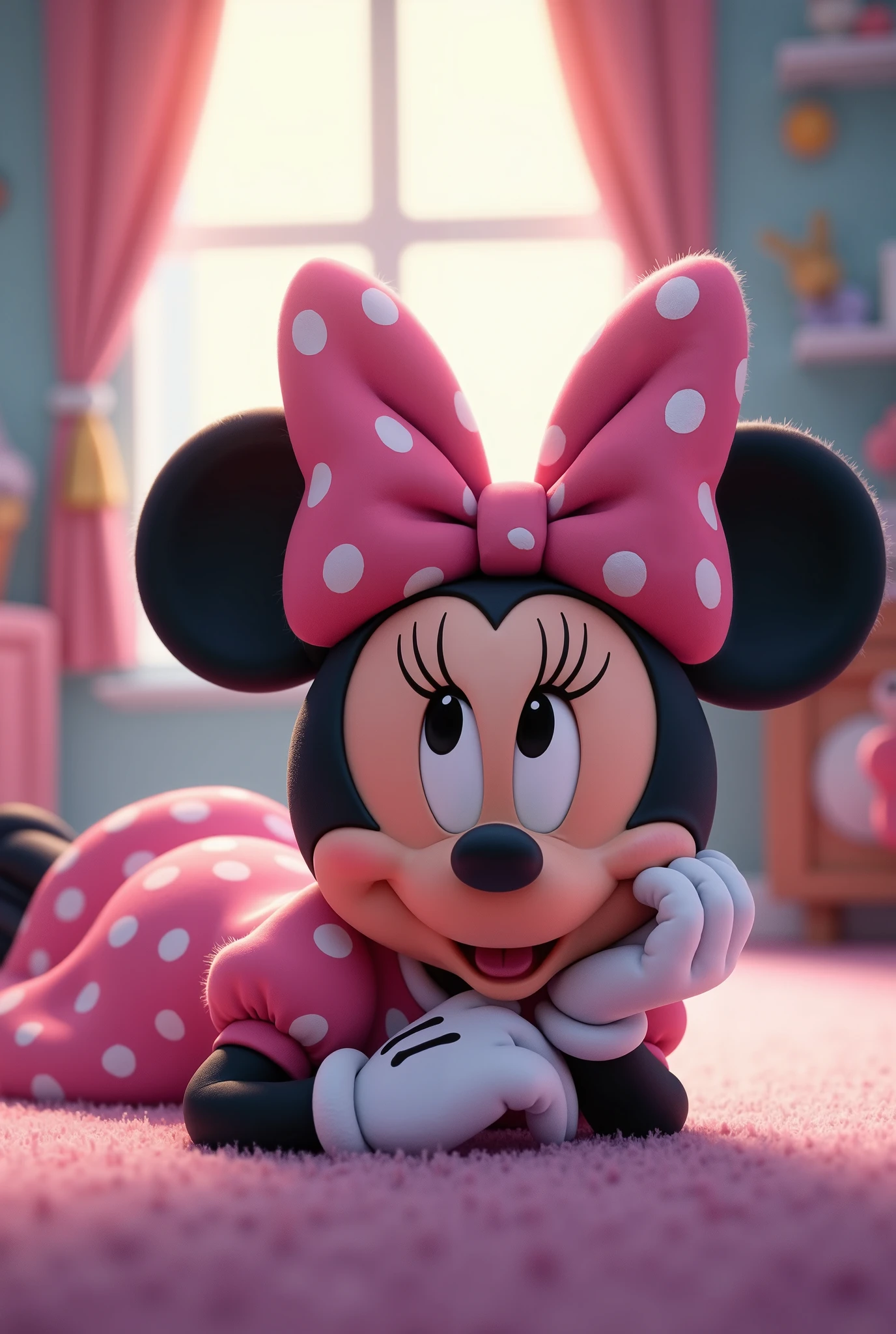 Minnie character wearing a pink dress with white polka dots lying down holding her chin and smiling in Disney Pixar style 