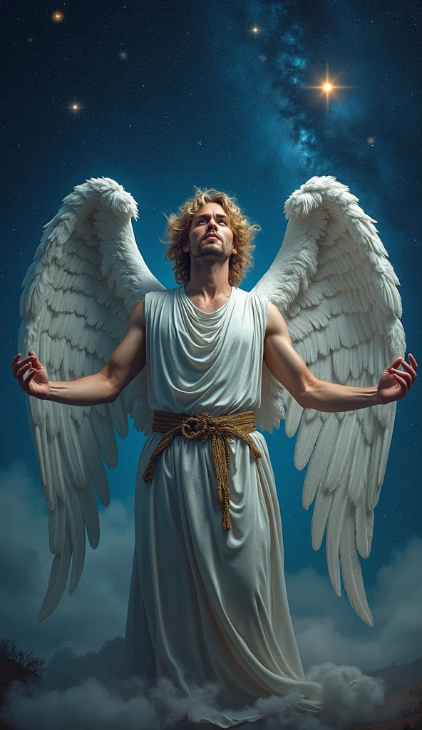 Man with large wings of white feathers on the back, praying, large wings, Jamie Dornan, eyes of light, wearing short black beard, wearing Golden Crown, focus on the details of the face, coming out happy rays, serious and attractive man, wearing white robe, magical and real effect, movie cover, with magical light explosions, powerful celestial warrior, similar to actor Jamie Dornan, orange magic sky image background, (8k, RAW photo, best quality, masterpiece: 1.2), (realistic, photorealistic: 1.37), professional lighting.
